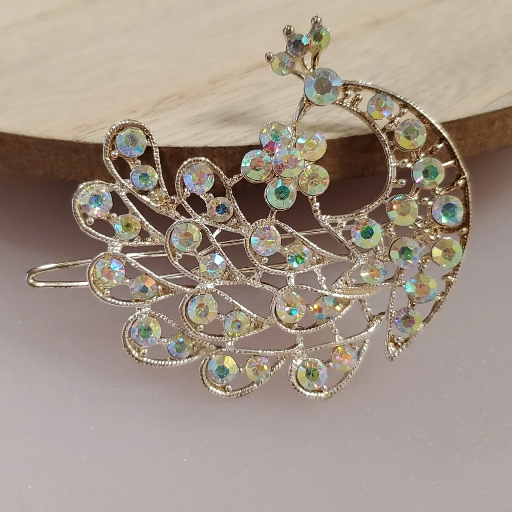 Peacock hair barrette gold tone Aurora Borealis rhinestones prom bridesmaid